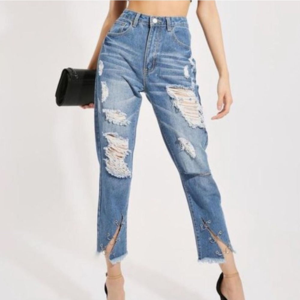 Mid Wash Chain Hem Detail Jeans